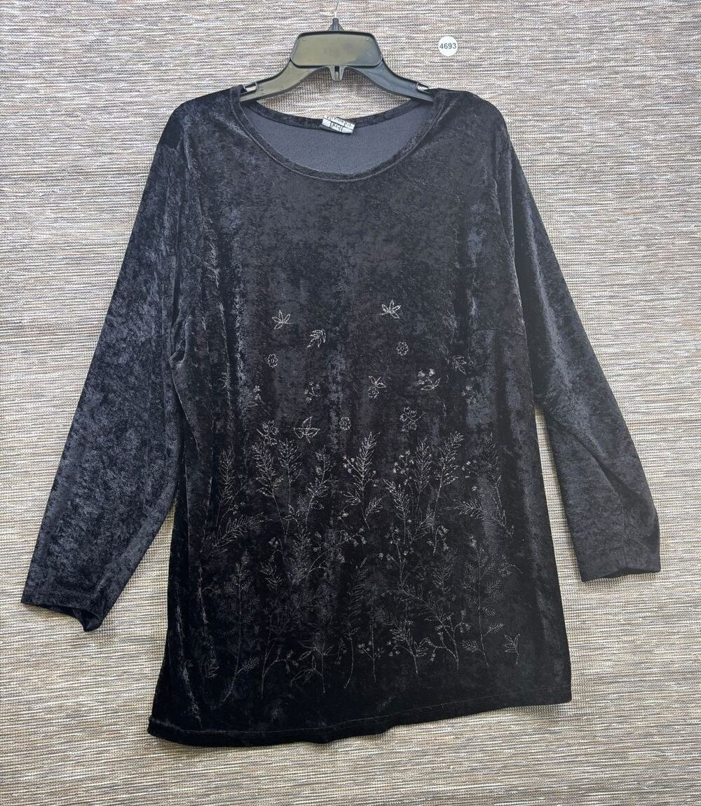 Brett Alexander Blouse Womens Size XL Black Velvet Floral Tunic Top Long Sleeve